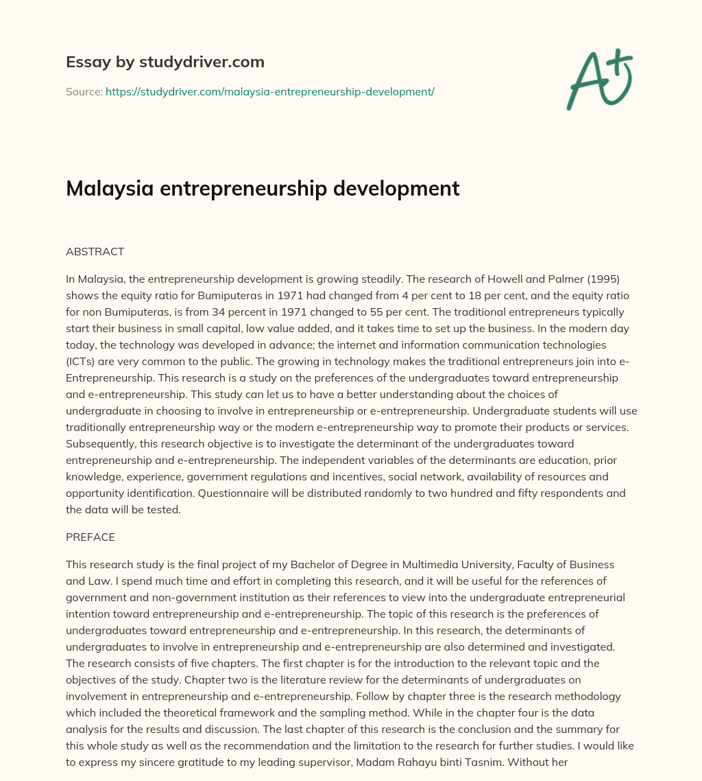 Malaysia Entrepreneurship Development essay