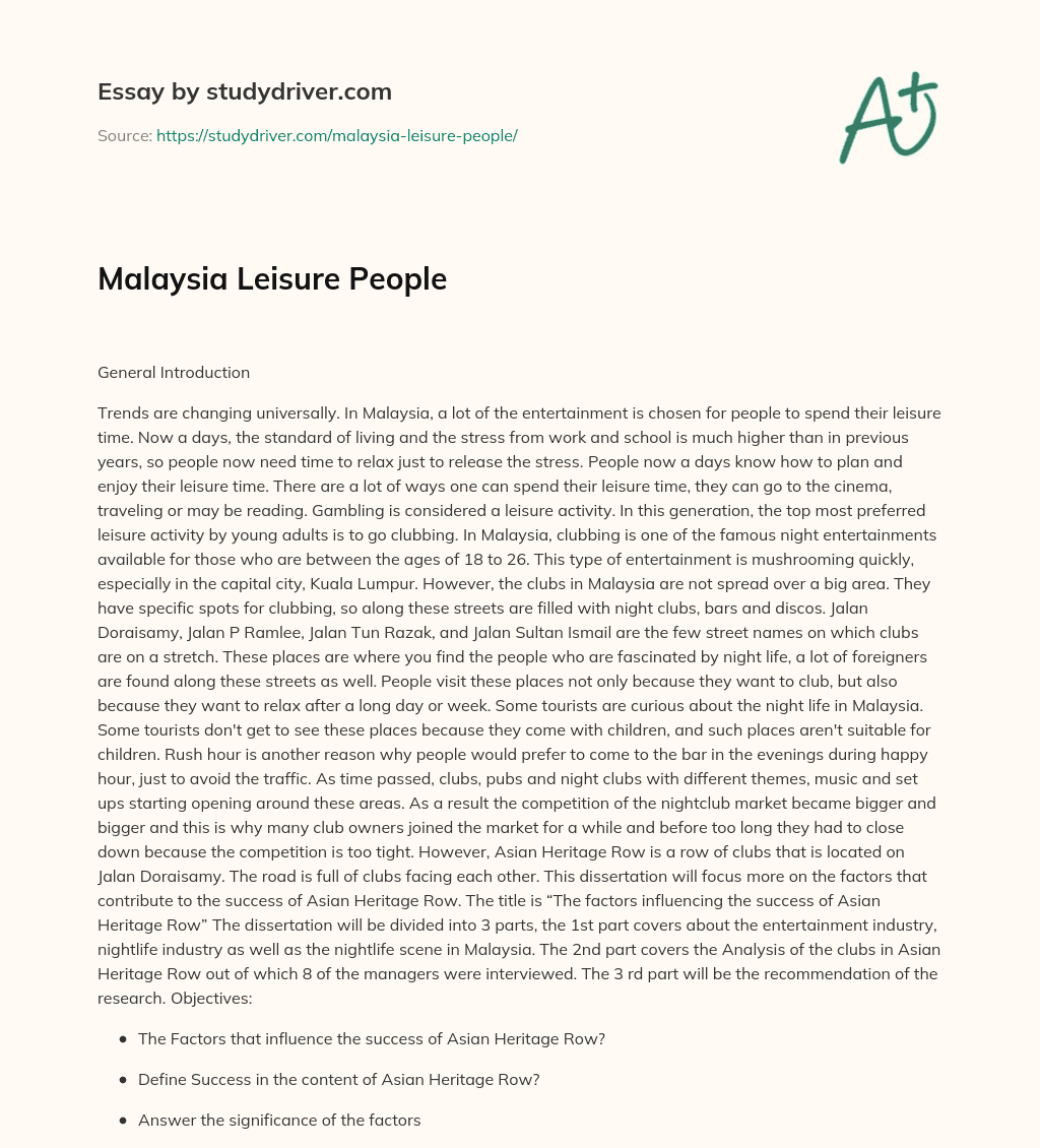 Malaysia Leisure People essay