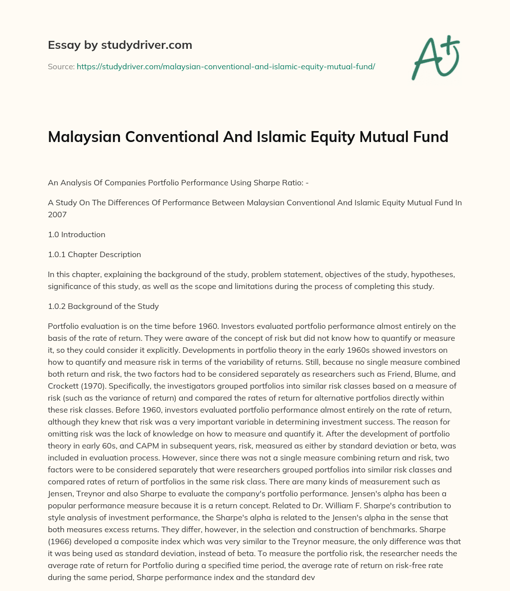 Malaysian Conventional and Islamic Equity Mutual Fund essay