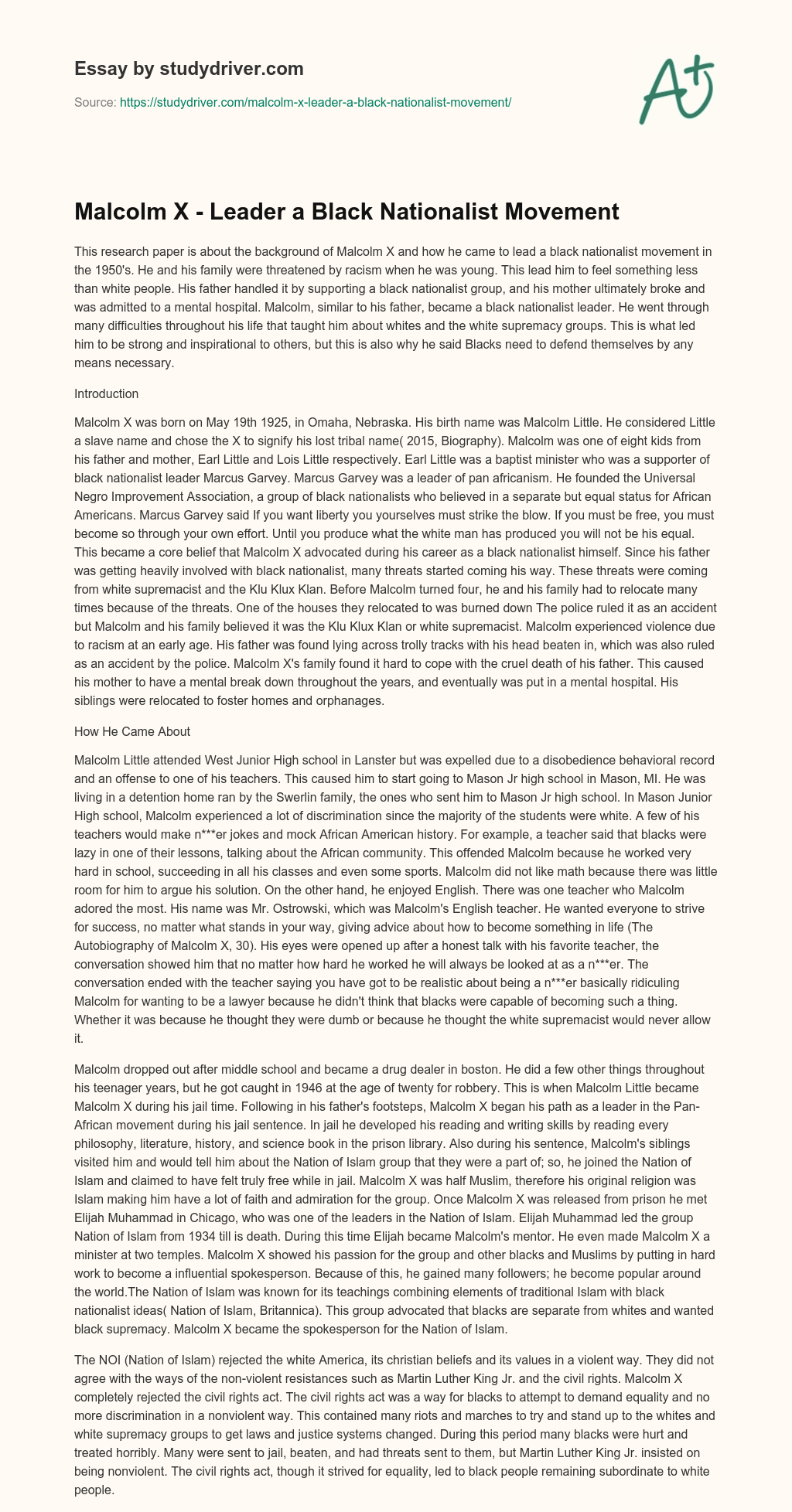 Malcolm X – Leader a Black Nationalist Movement essay