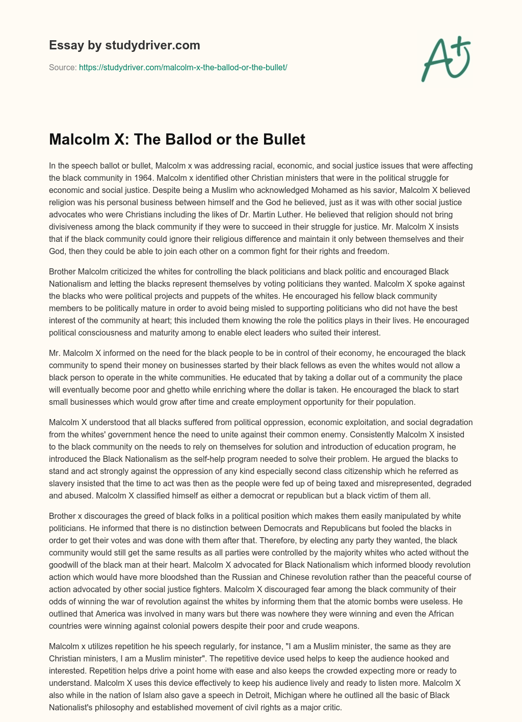 Malcolm X: the Ballod or the Bullet essay