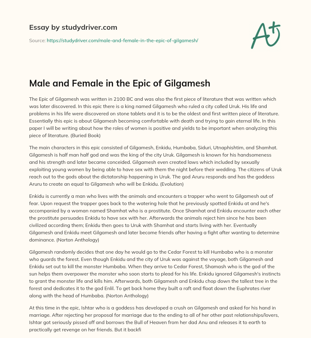Male and Female in the Epic of Gilgamesh essay