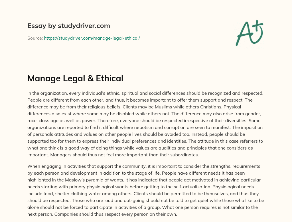 Manage Legal & Ethical essay