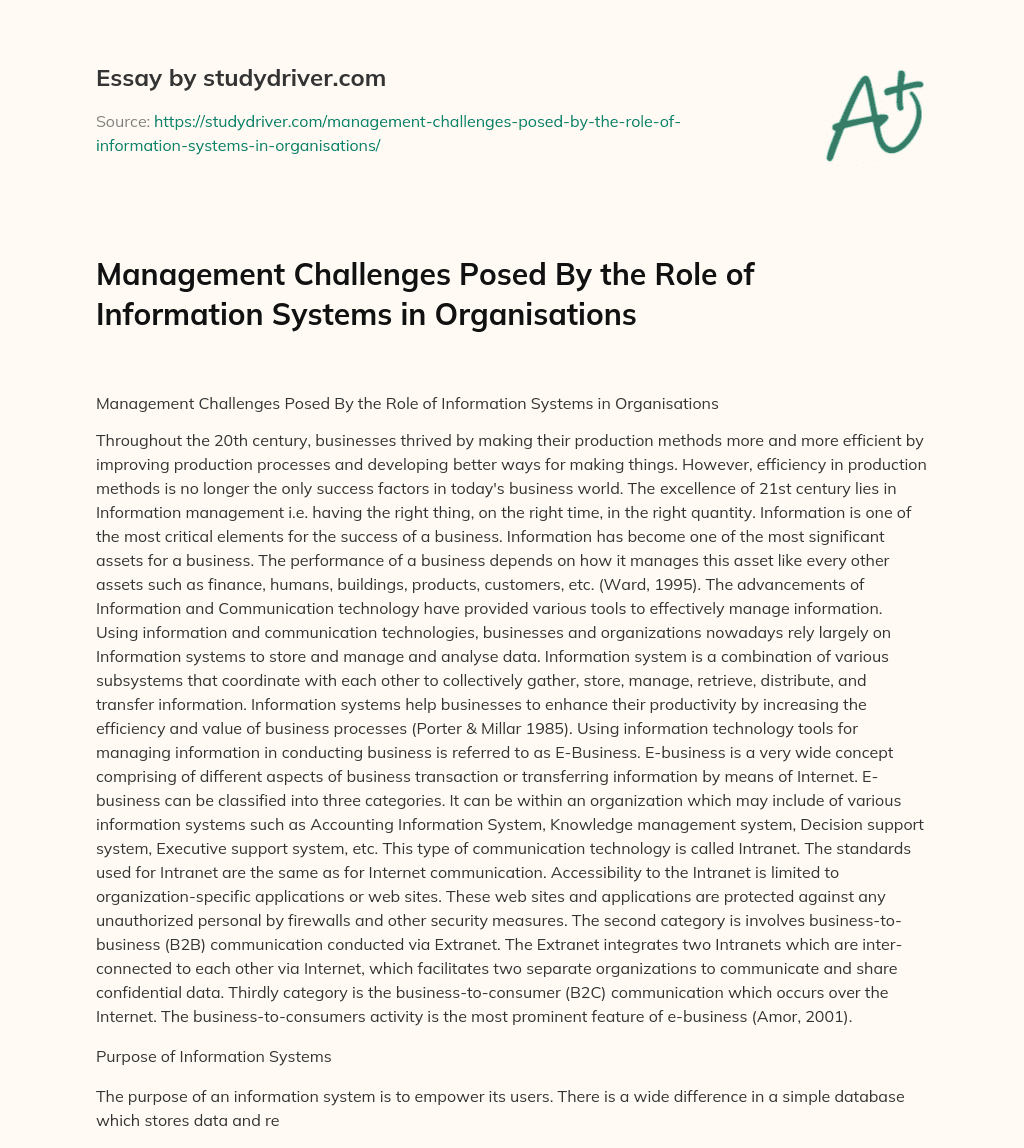 Management Challenges Posed by the Role of Information Systems in Organisations essay