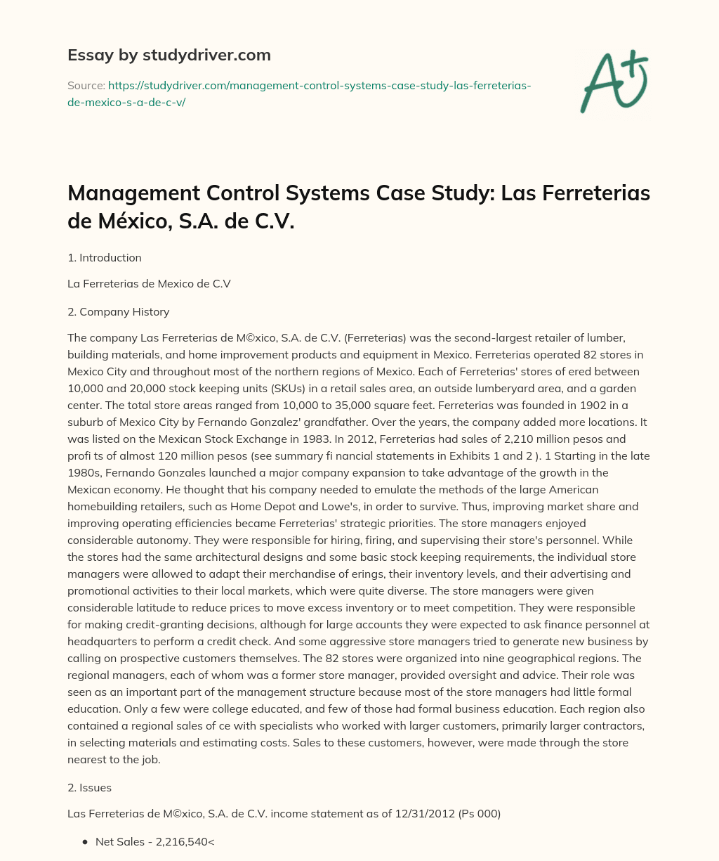 Management Control Systems Case Study: Las Ferreteri­as De México, S.A. De C.V. essay