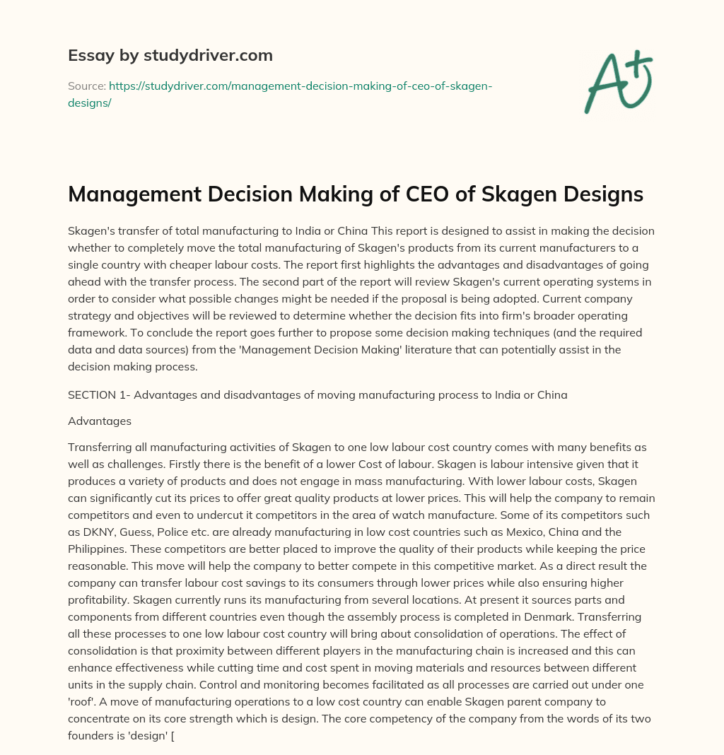 Management Decision Making of CEO of Skagen Designs essay