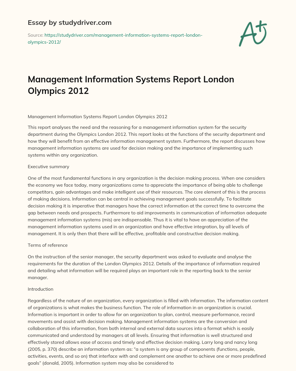 Management Information Systems Report London Olympics 2012 essay