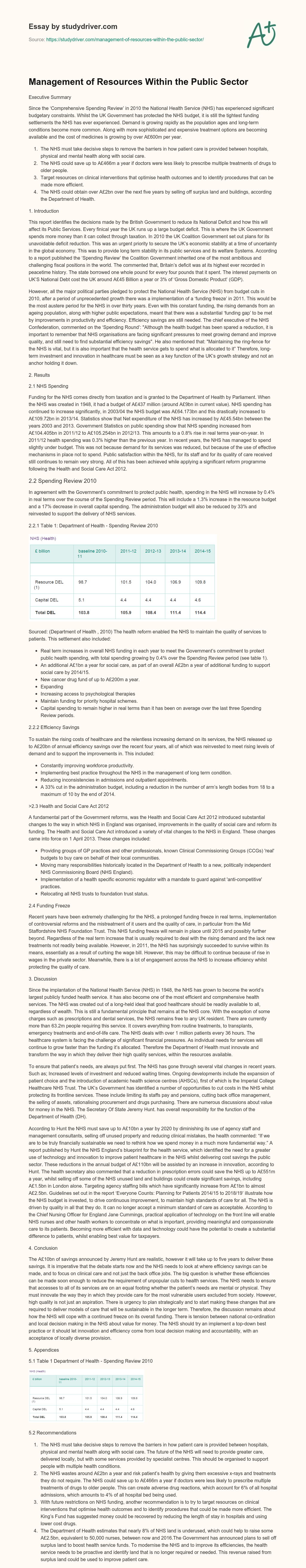 Management of Resources Within the Public Sector essay