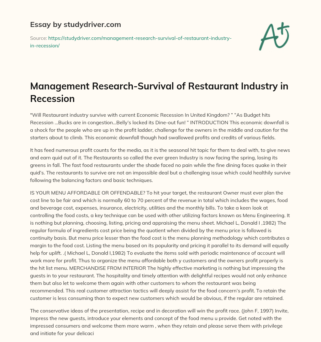 Management Research-Survival of Restaurant Industry in Recession essay