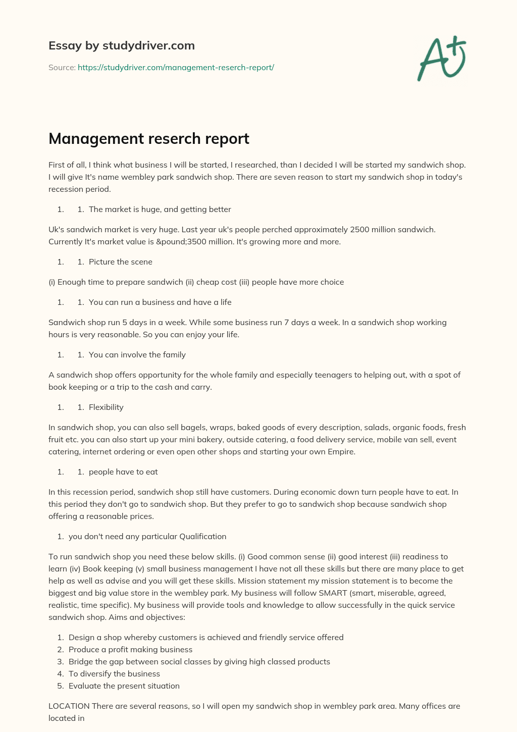 Management Reserch Report essay