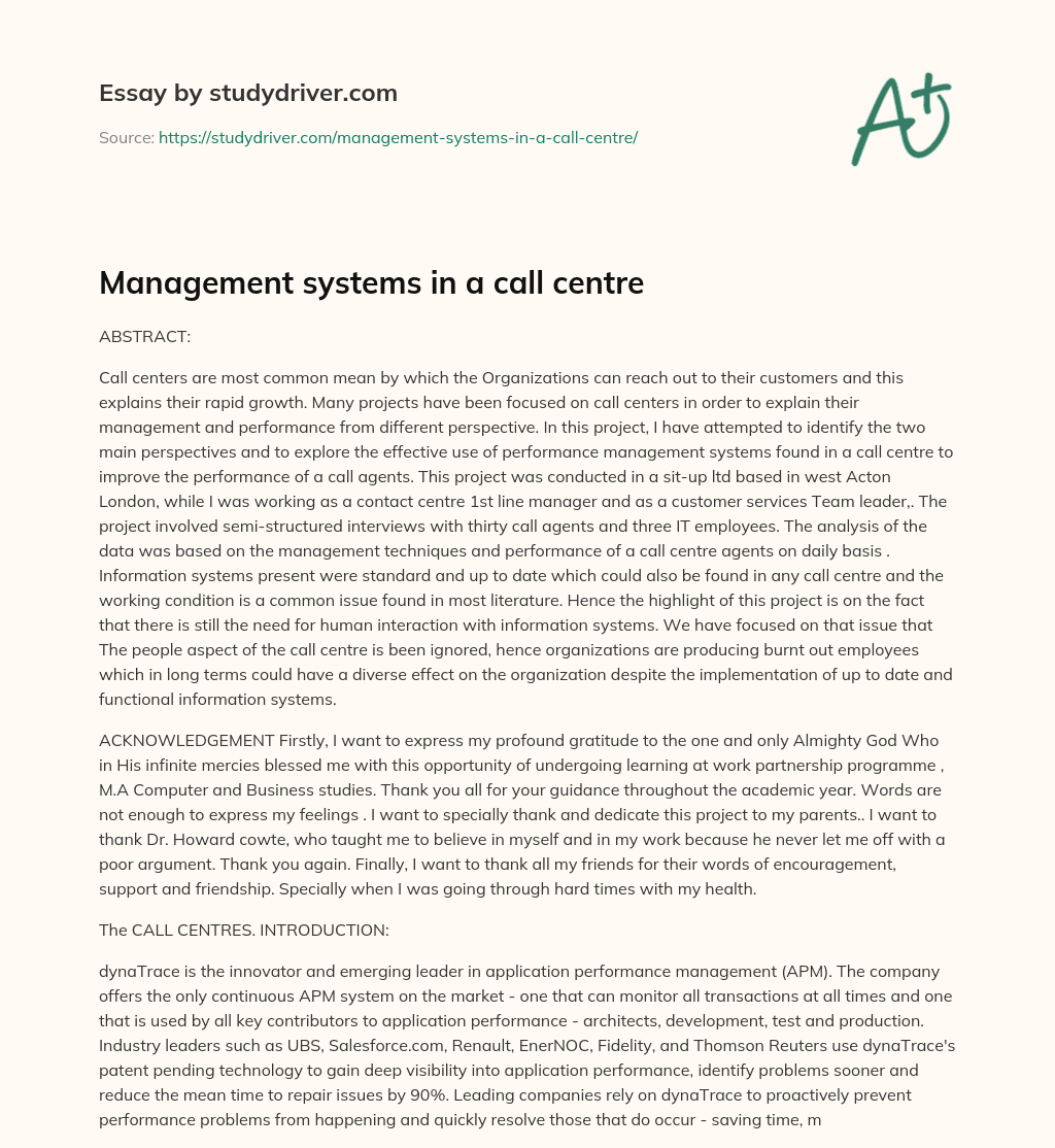 Management Systems in a Call Centre essay