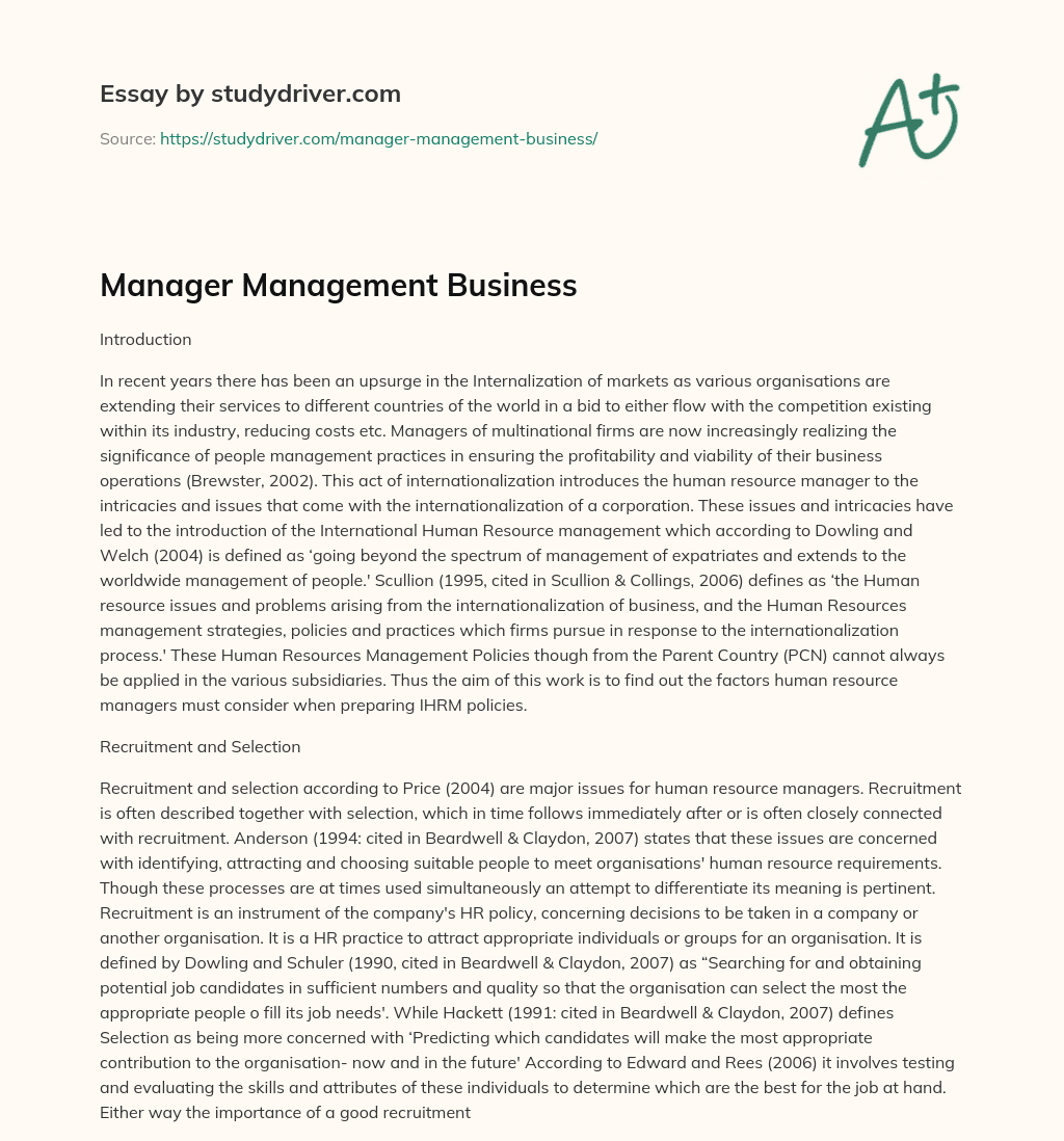 Manager Management Business essay