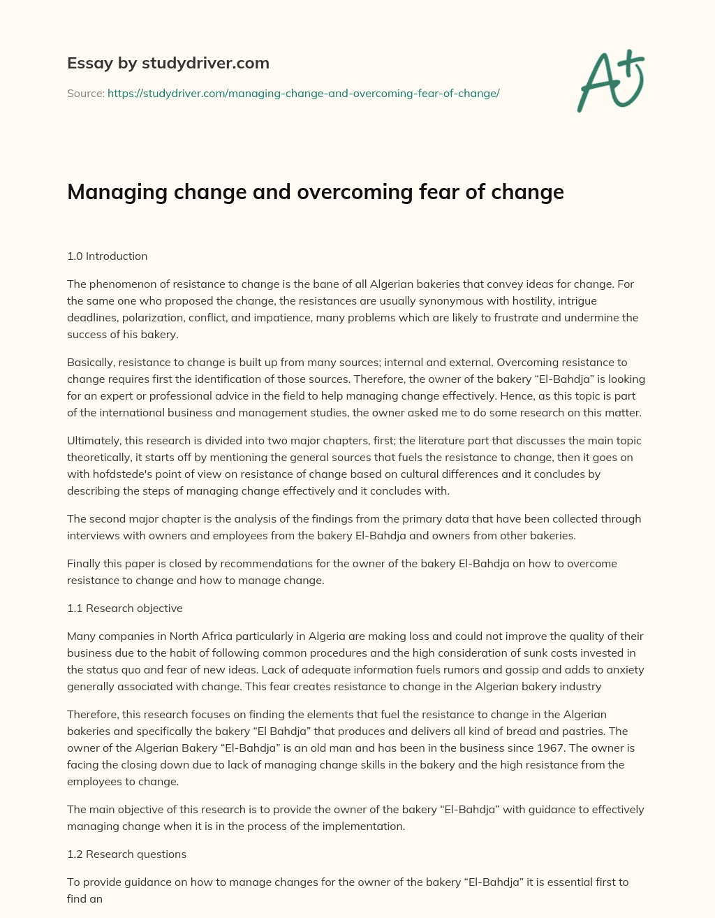 Managing Change and Overcoming Fear of Change essay