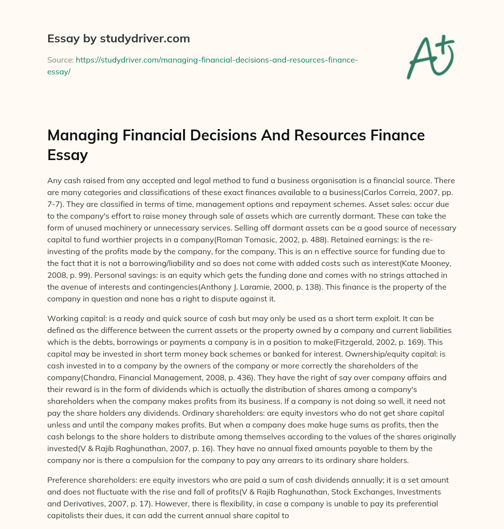 Managing Financial Decisions and Resources Finance Essay essay