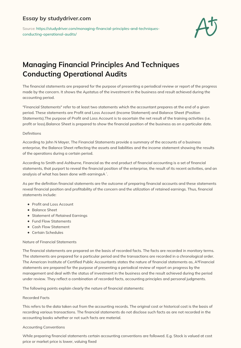 Managing Financial Principles and Techniques Conducting Operational Audits essay