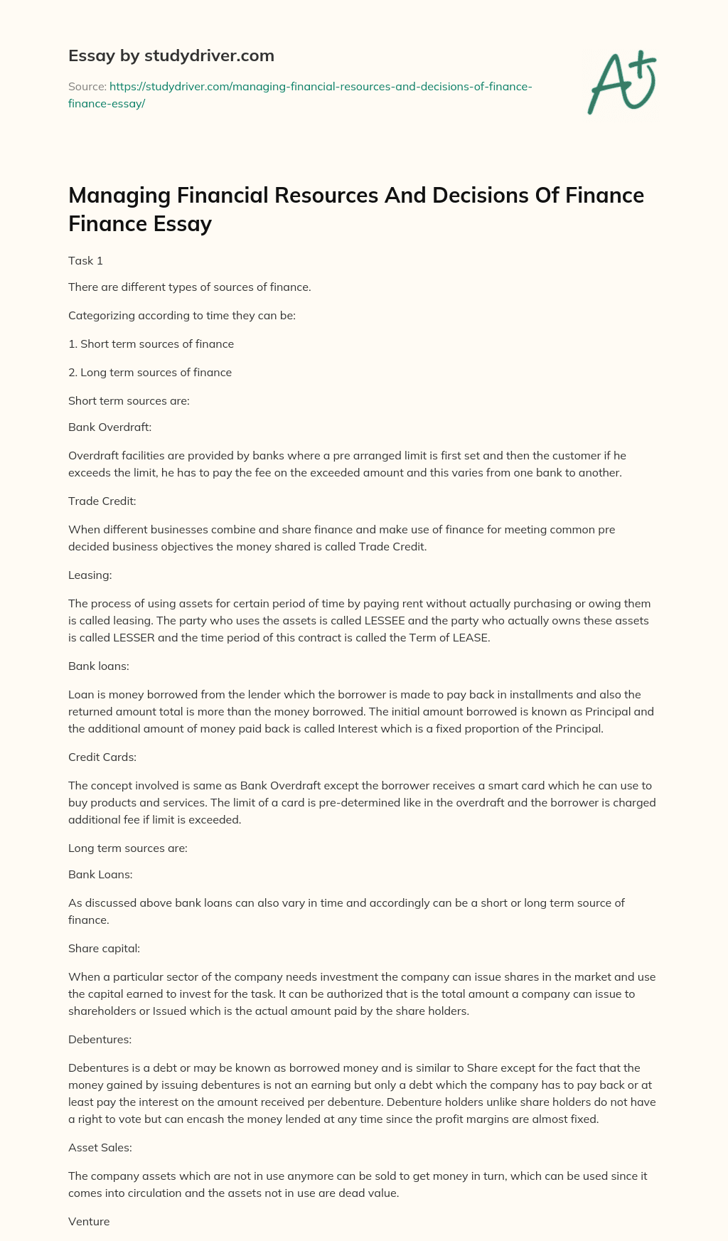 Managing Financial Resources and Decisions of Finance Finance Essay essay