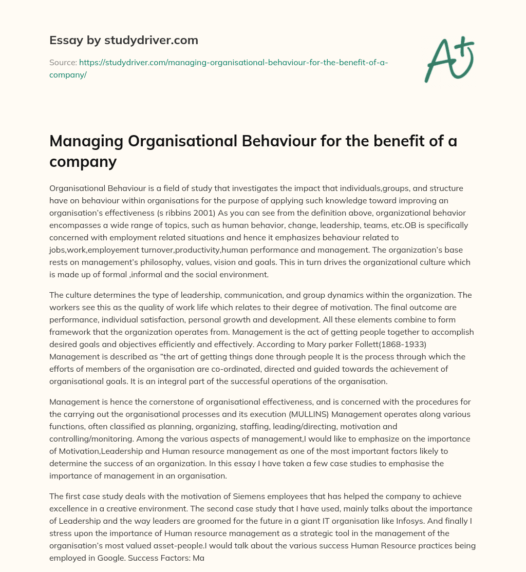 Managing Organisational Behaviour for the Benefit of a Company essay