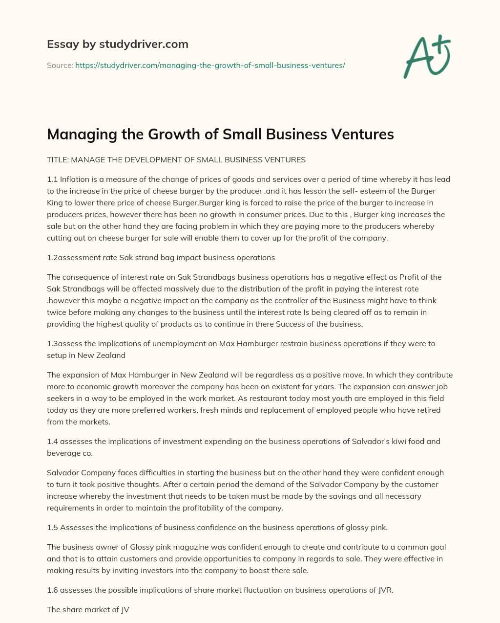 Managing the Growth of Small Business Ventures essay