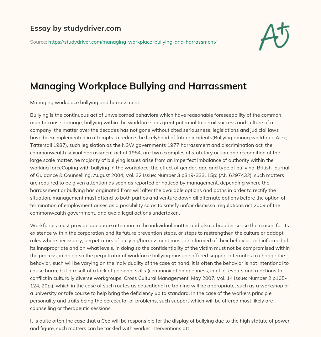Managing Workplace Bullying and Harrassment essay