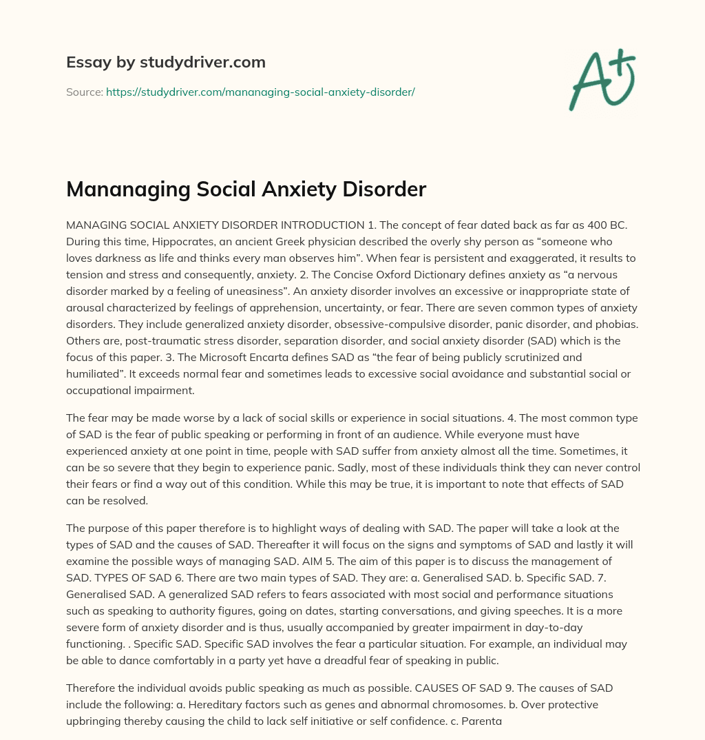 Mananaging Social Anxiety Disorder essay