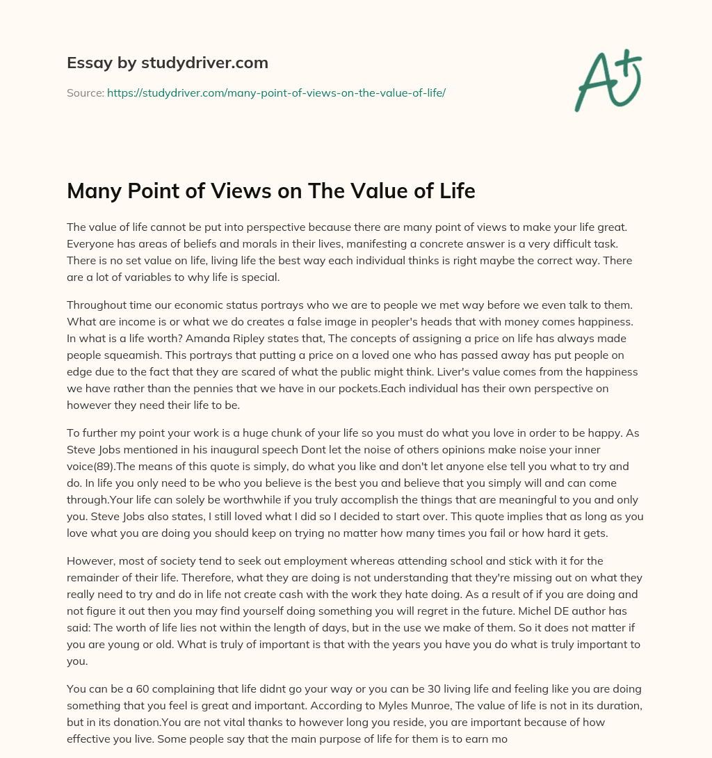 Many Point of Views on the Value of Life essay