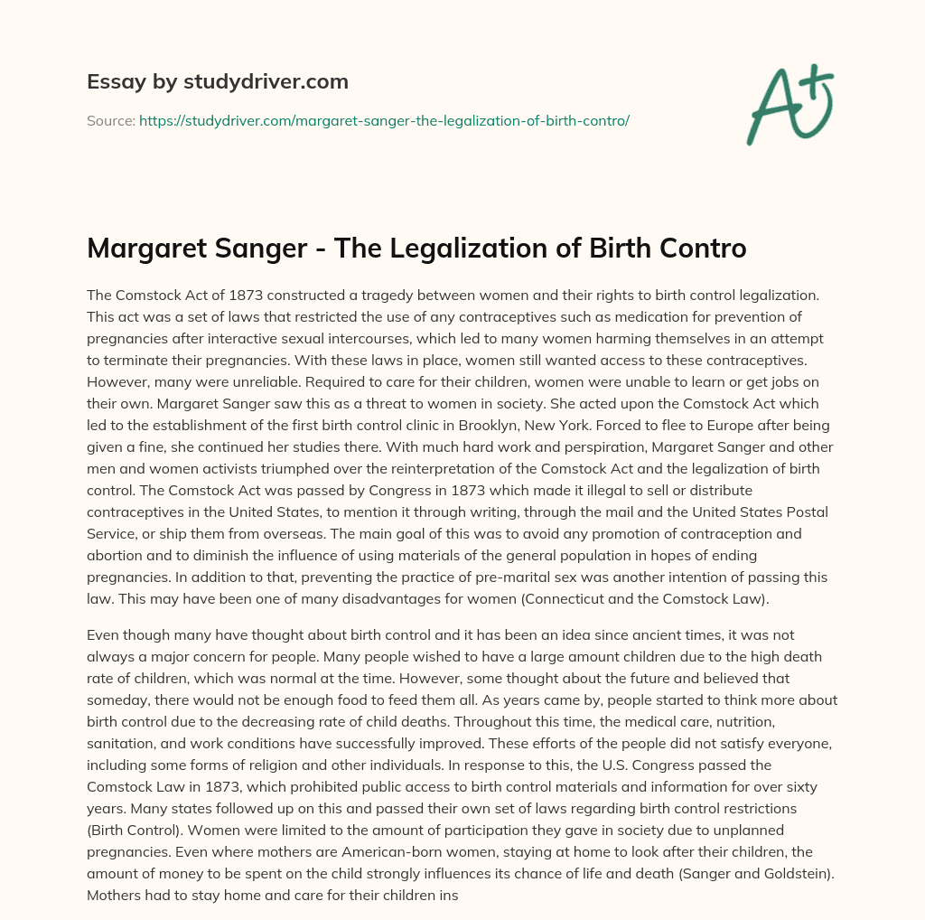 Margaret Sanger – the Legalization of Birth Contro essay