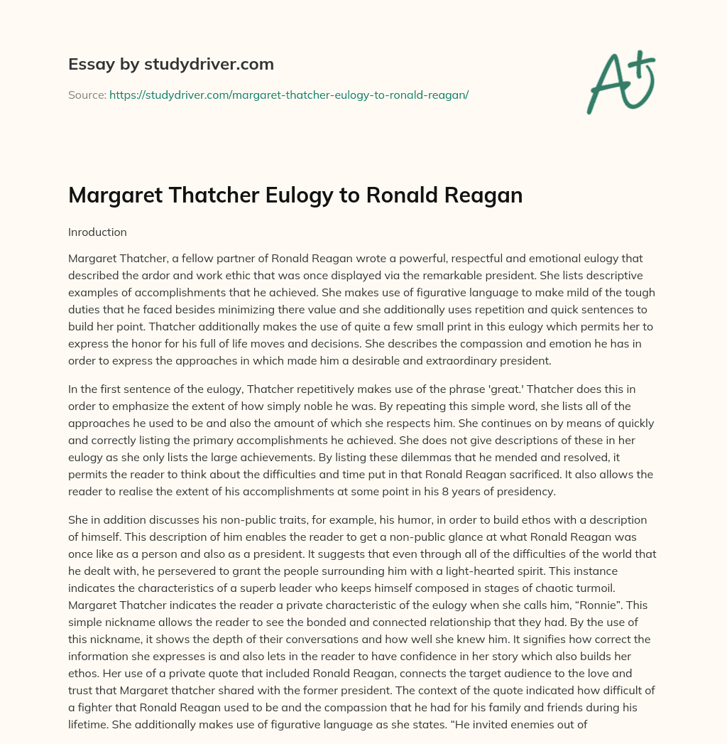 Margaret Thatcher Eulogy to Ronald Reagan essay