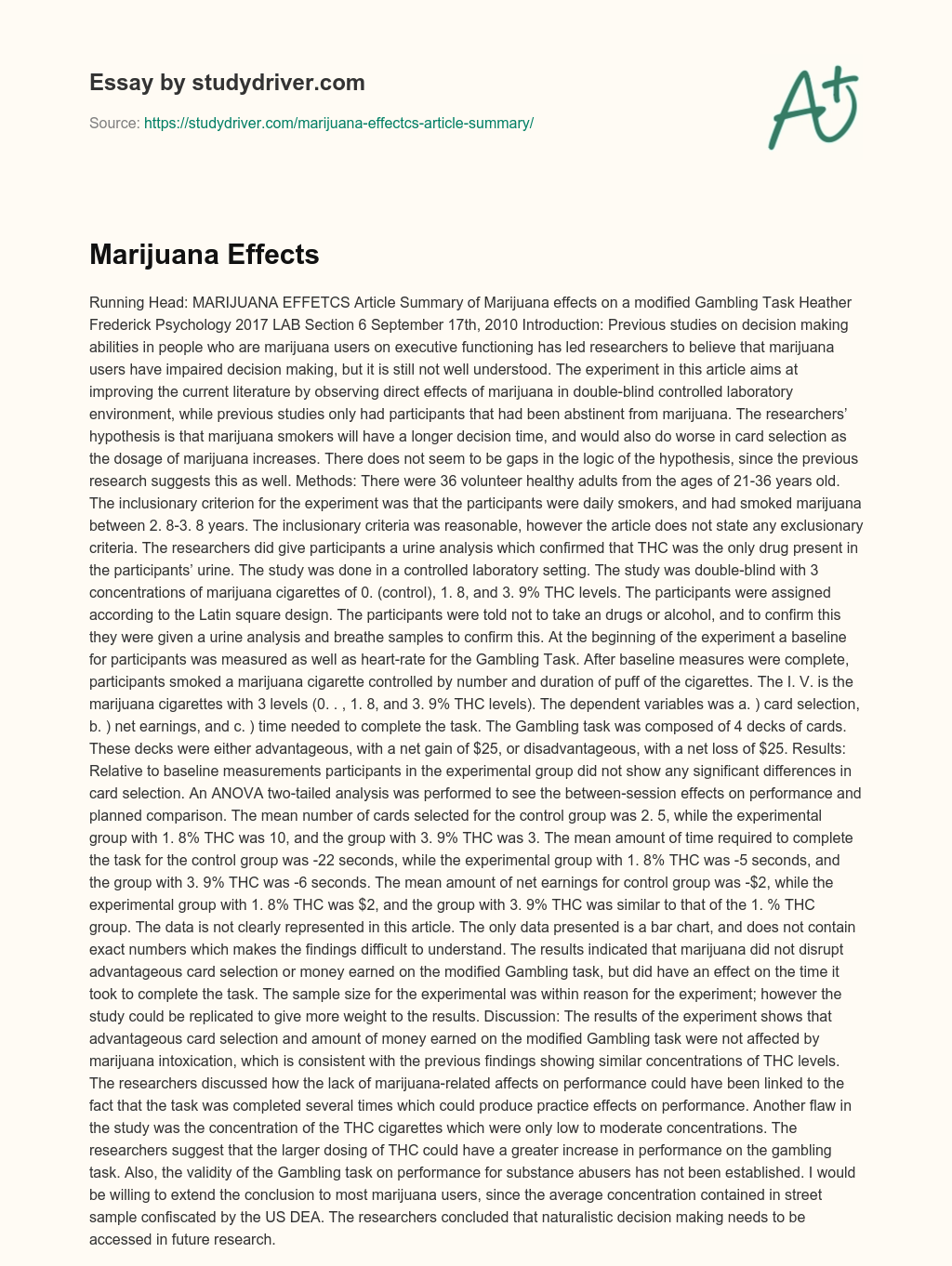 Marijuana Effectcs essay