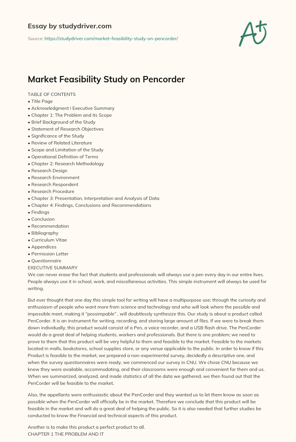 Market Feasibility Study on Pencorder essay