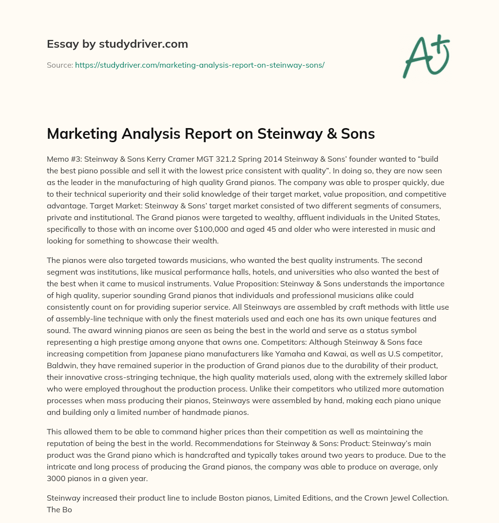 Marketing Analysis Report on Steinway & Sons essay