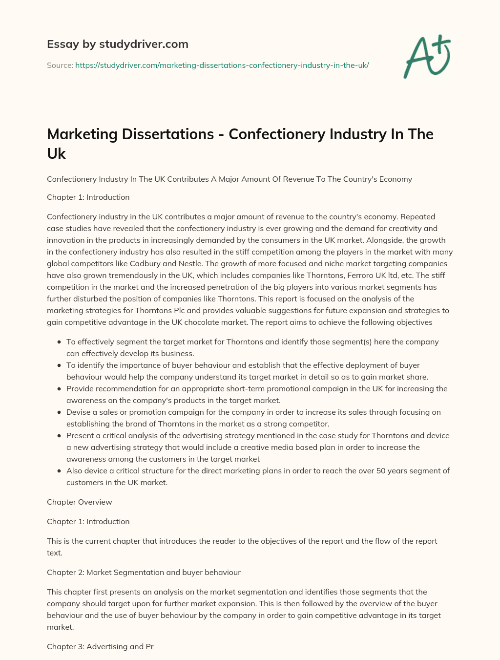 Marketing Dissertations – Confectionery Industry in the Uk essay