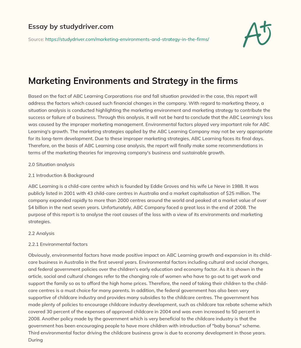 Marketing Environments and Strategy in the Firms essay