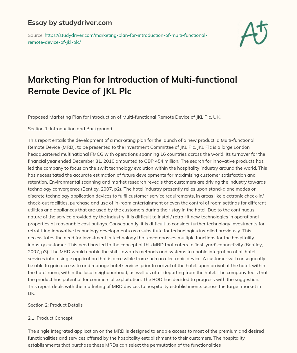 Marketing Plan for Introduction of Multi-functional Remote Device of JKL Plc essay
