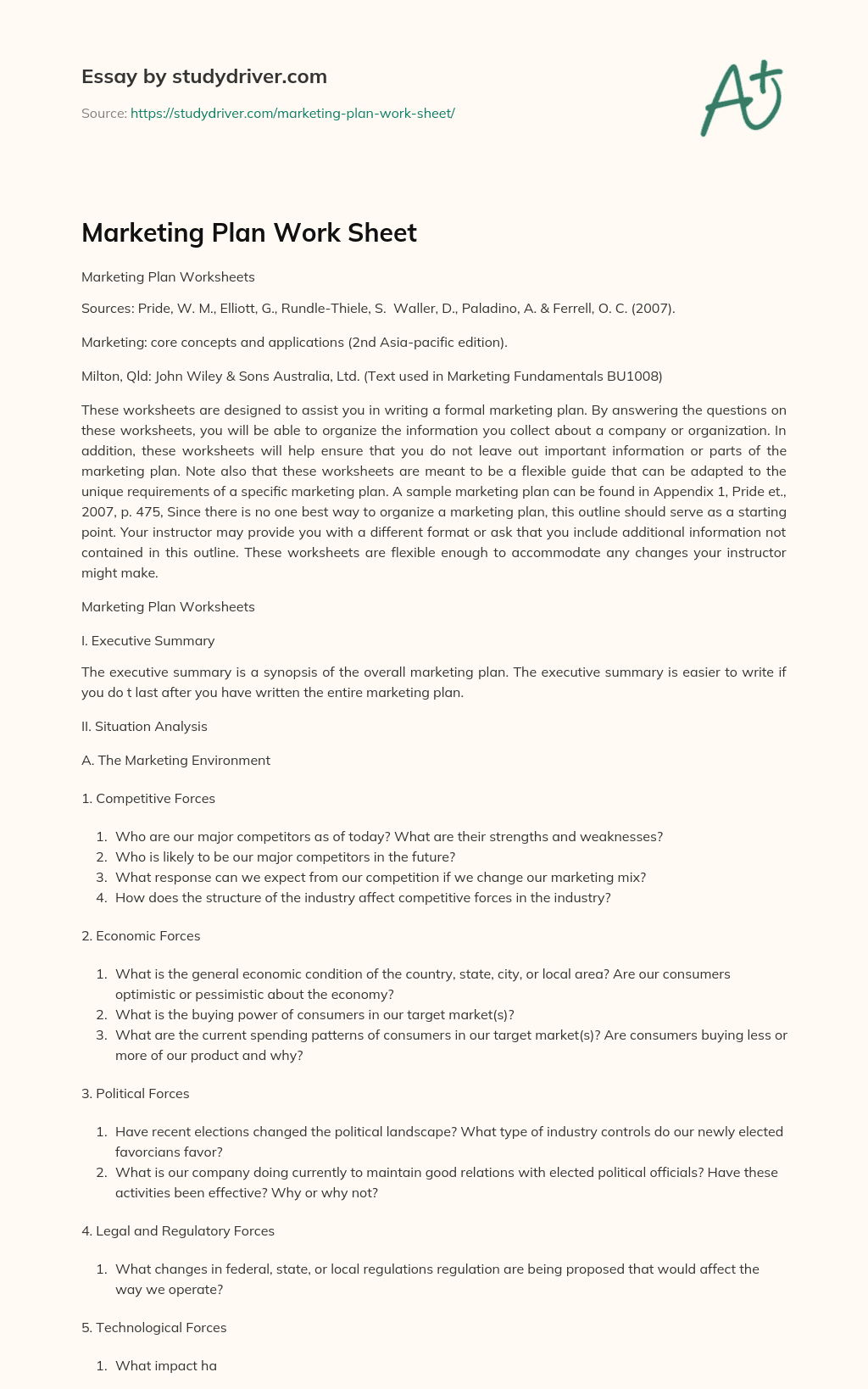 Marketing Plan Work Sheet essay