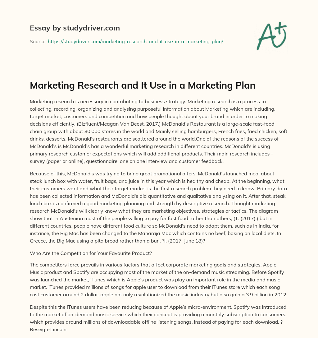 Marketing Research and it Use in a Marketing Plan essay