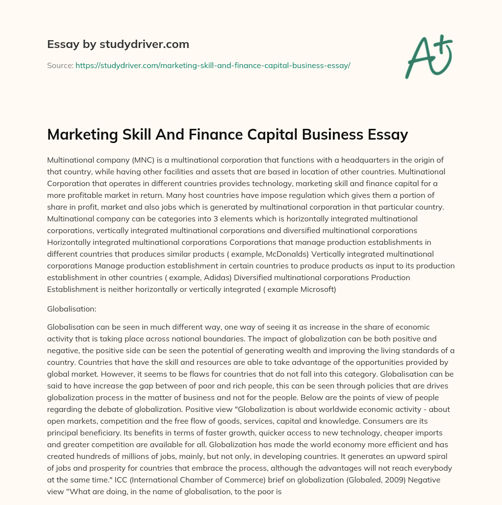 Marketing Skill and Finance Capital Business Essay essay