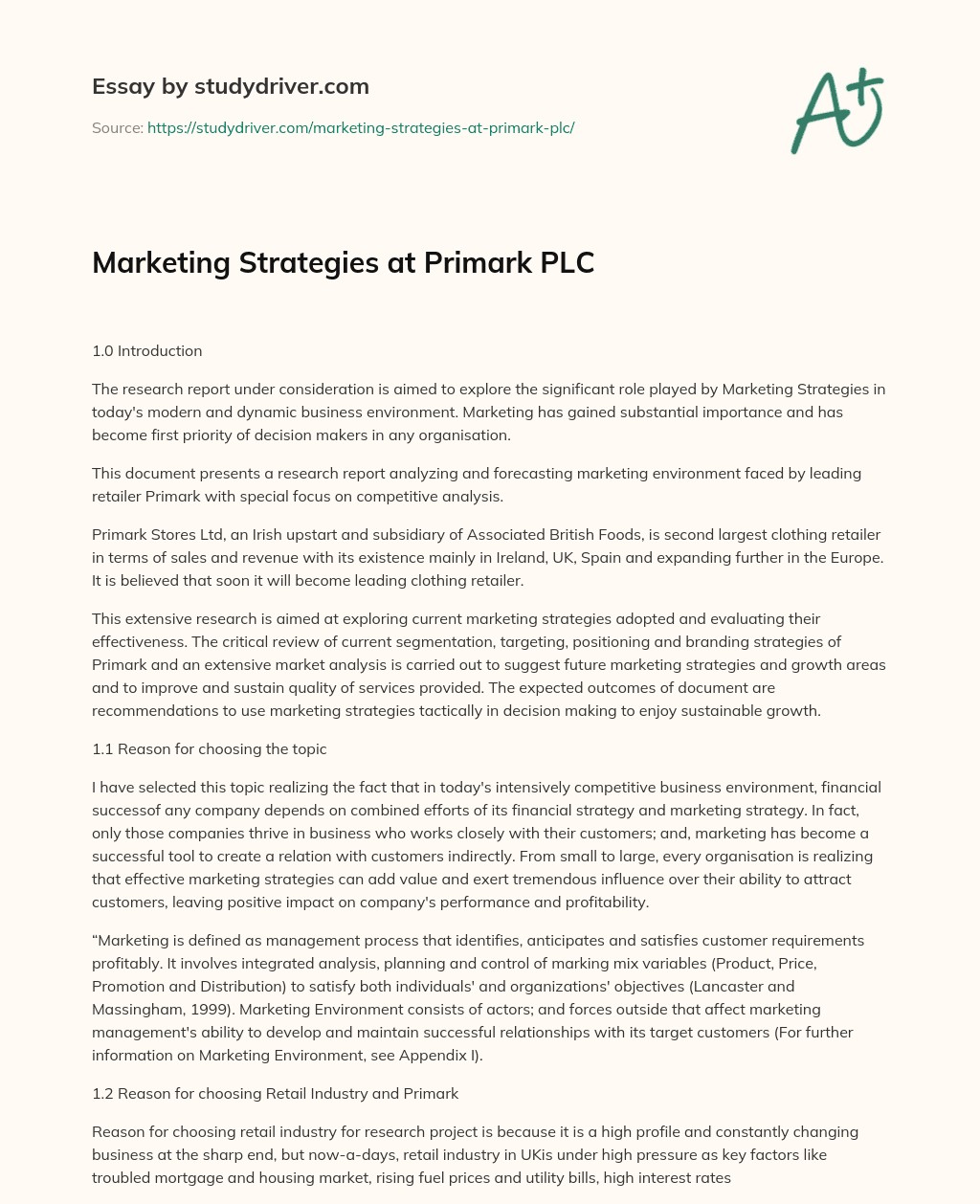 Marketing Strategies at Primark PLC essay