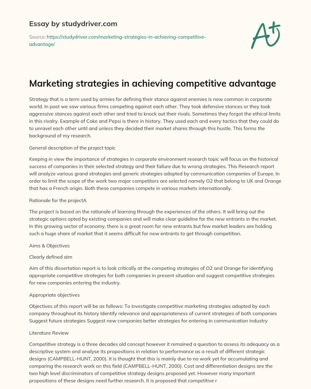 Marketing Strategies in Achieving Competitive Advantage essay