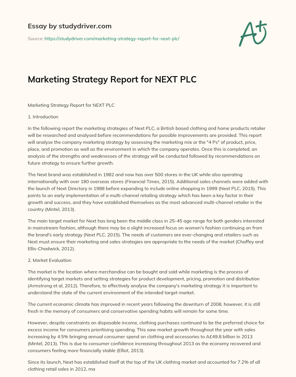 Marketing Strategy Report for NEXT PLC essay