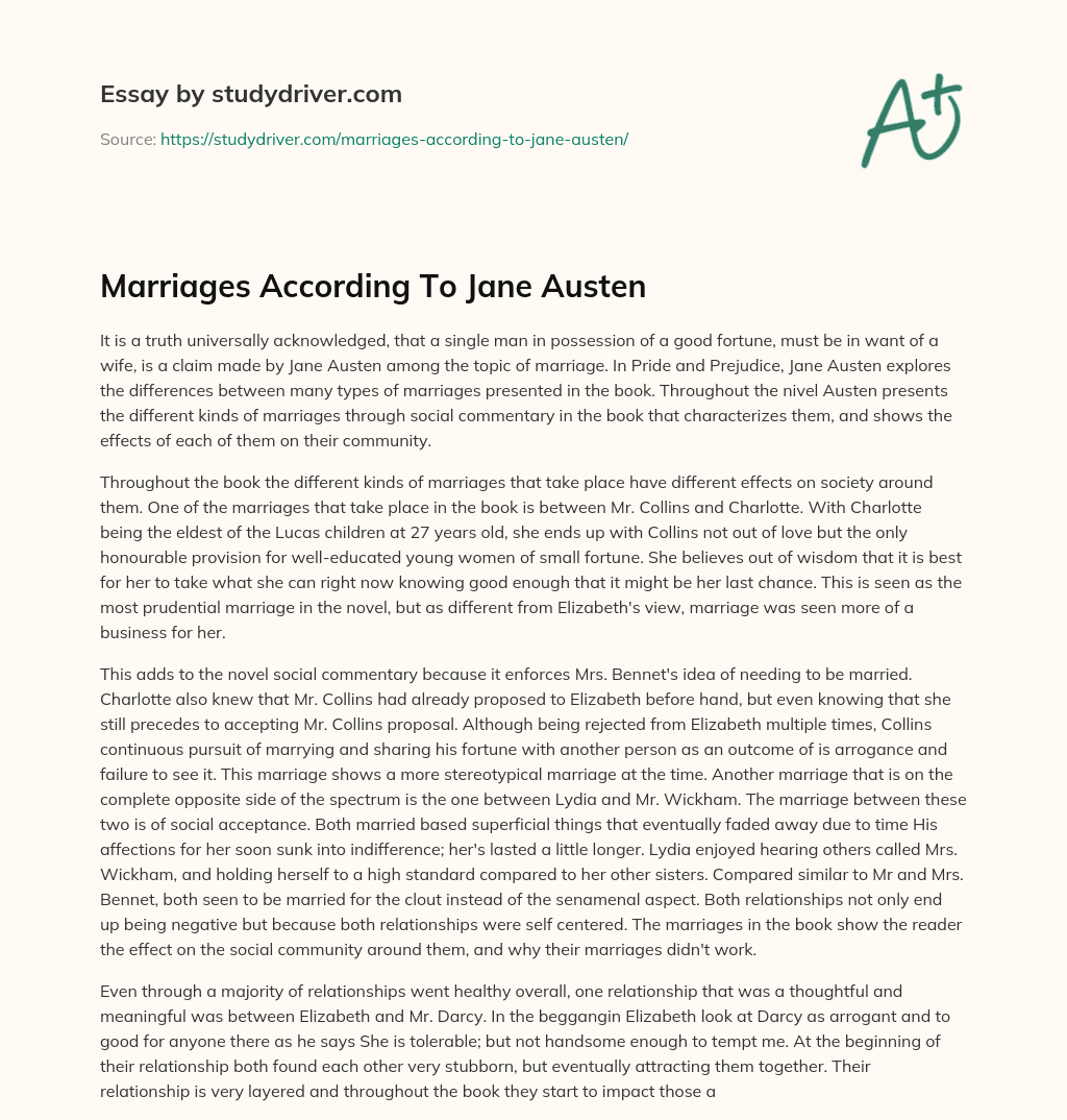 Marriages According to Jane Austen essay