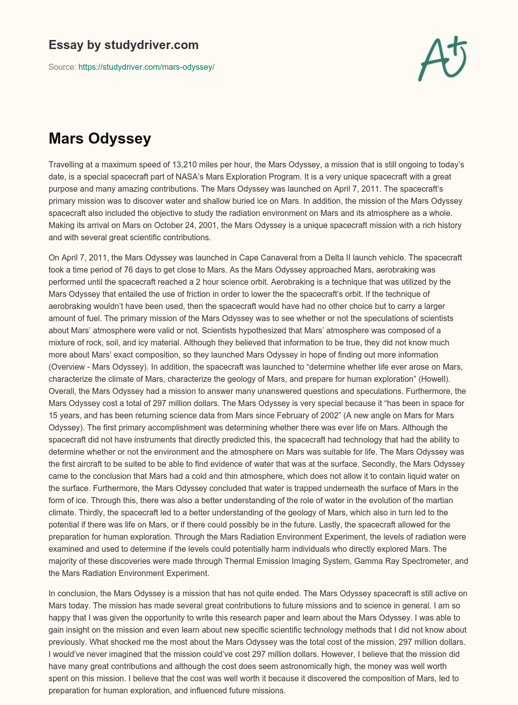 Mars Odyssey essay