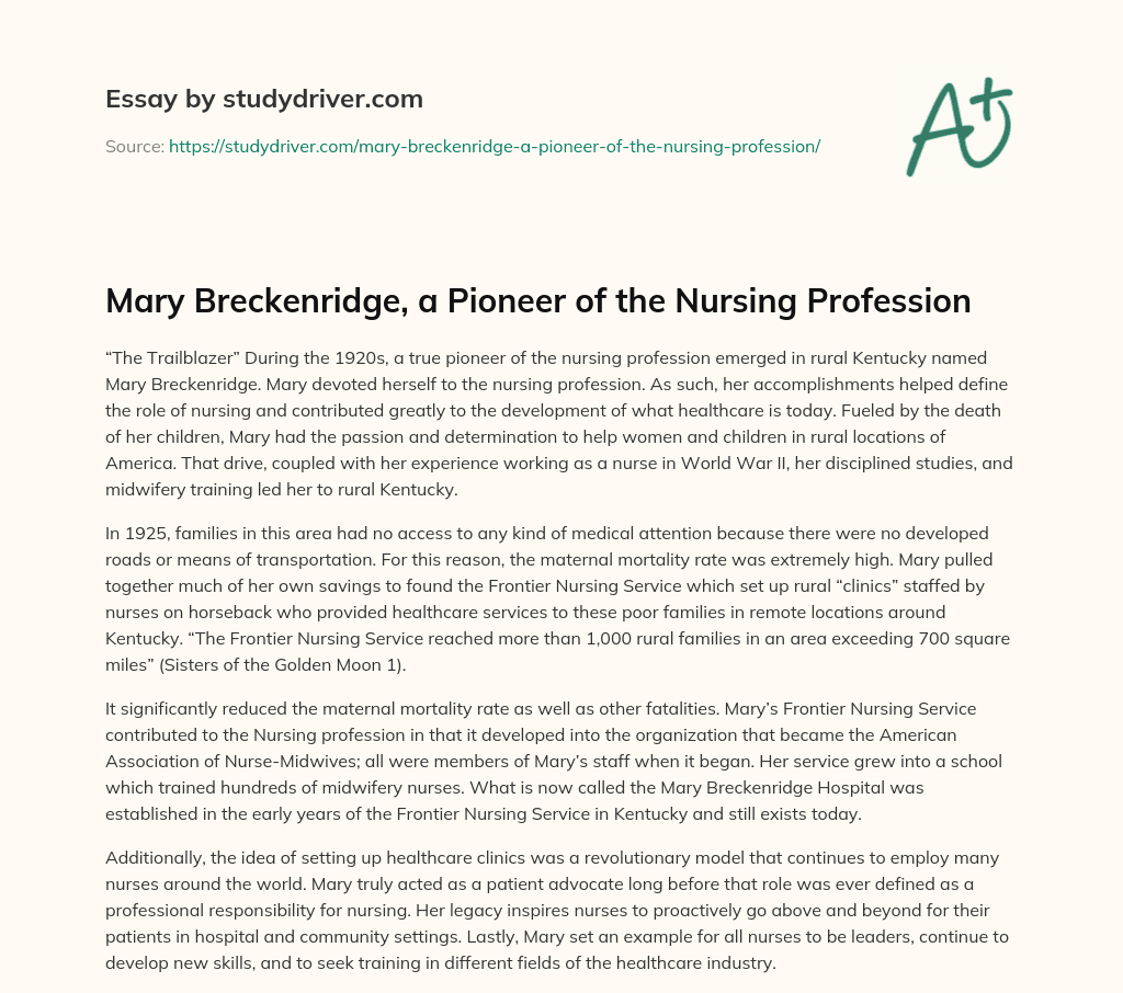 Mary Breckenridge, a Pioneer of the Nursing Profession essay