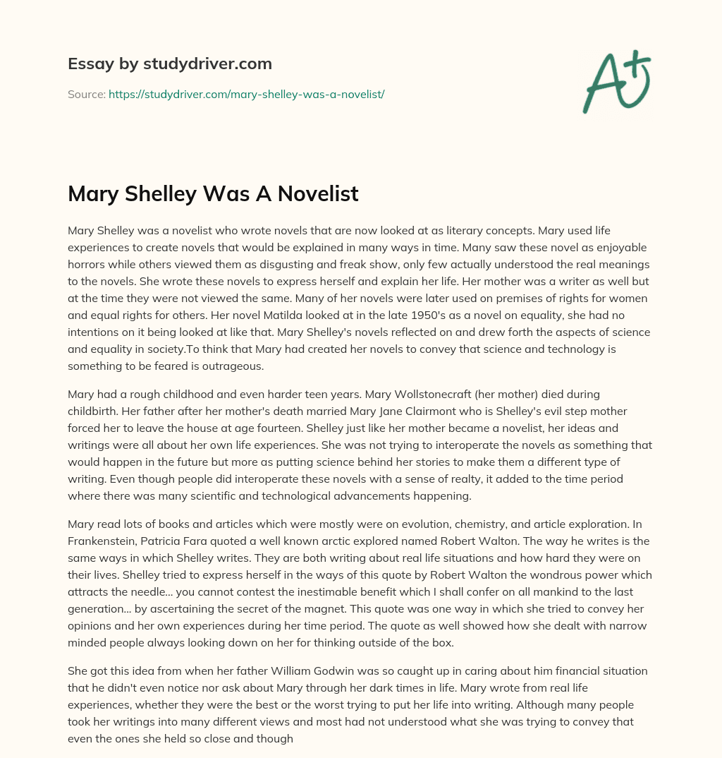Mary Shelley was a Novelist essay