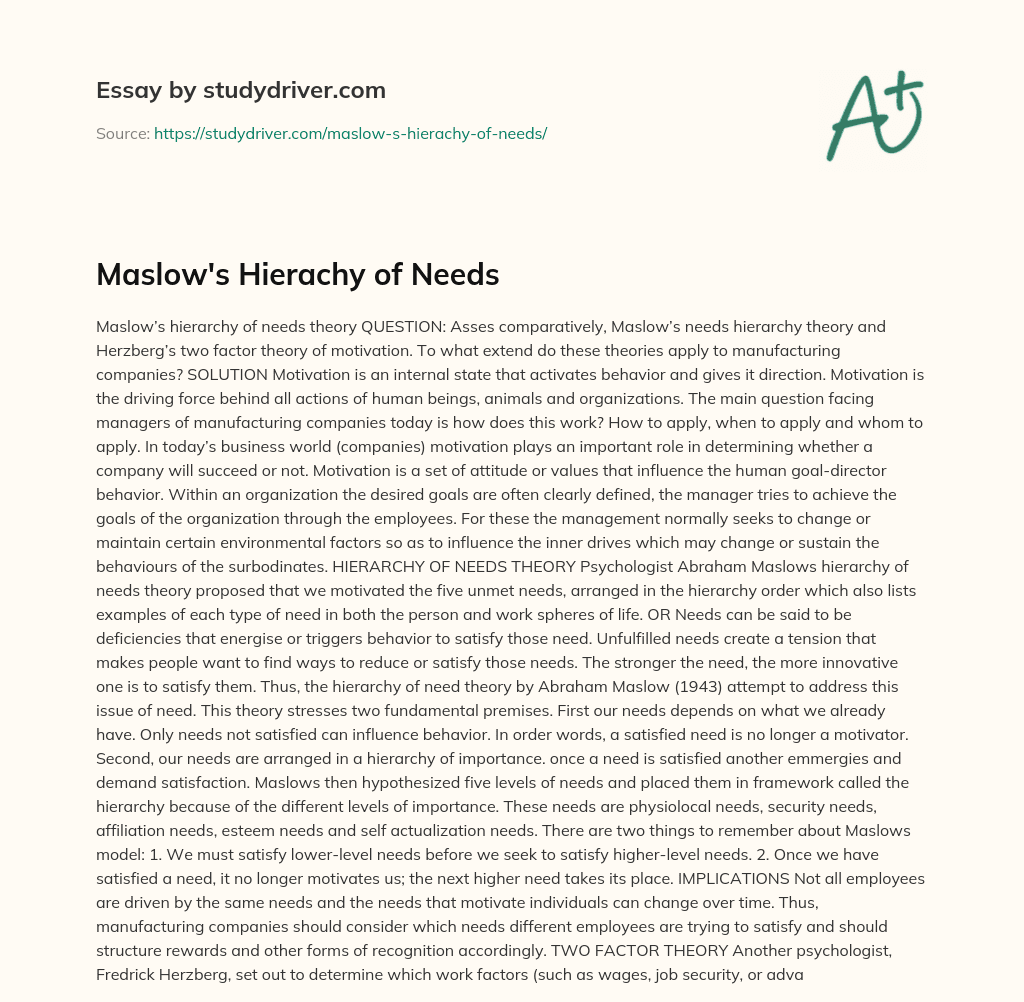Maslow’s Hierachy of Needs essay