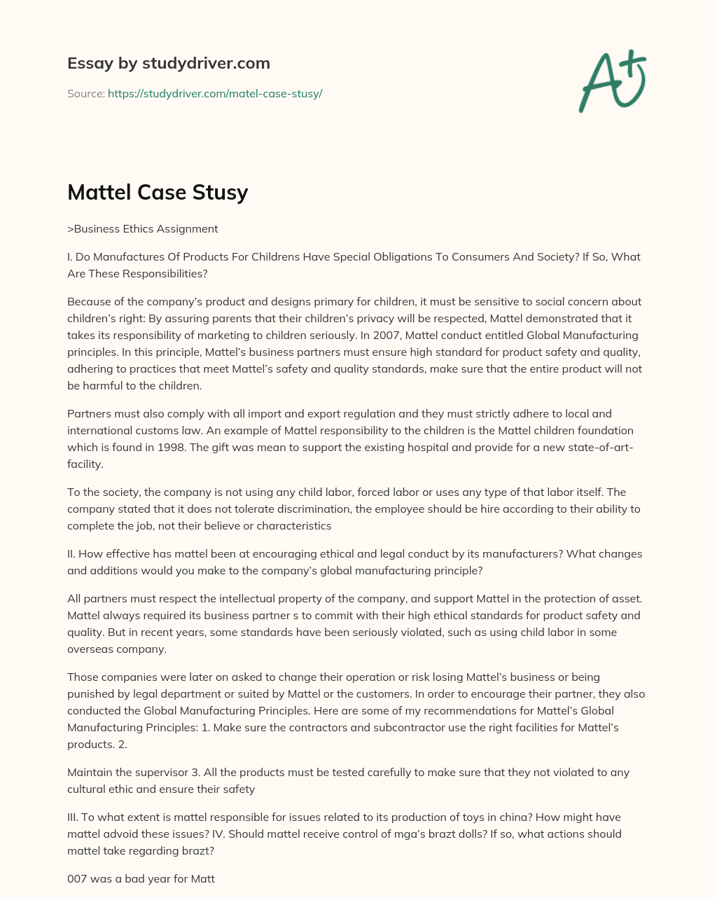 Mattel Case Stusy essay