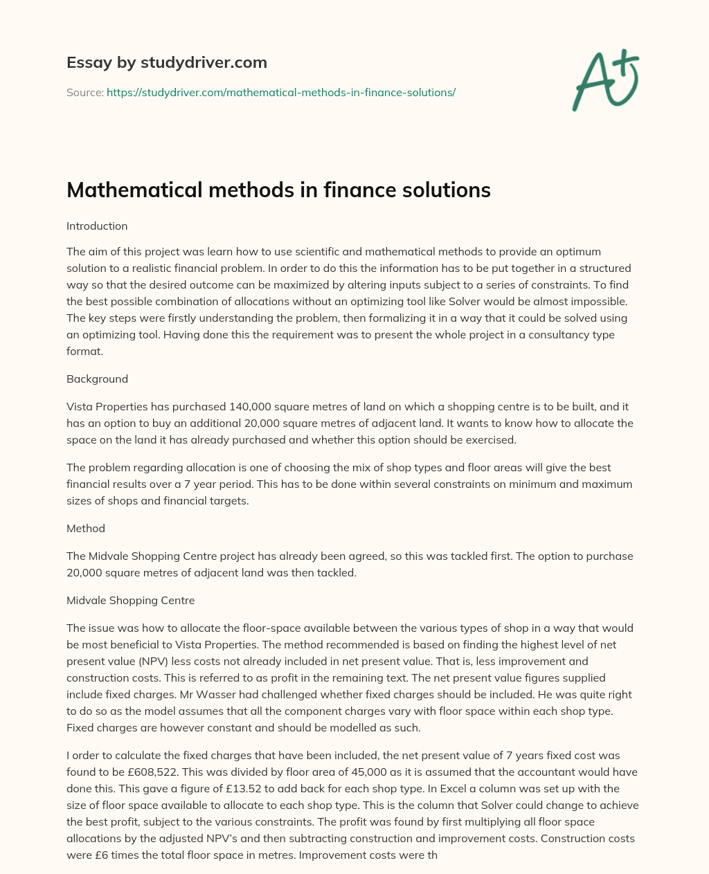 Mathematical Methods in Finance Solutions essay