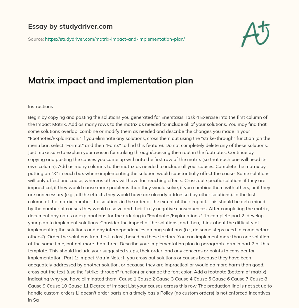 Matrix Impact and Implementation Plan essay