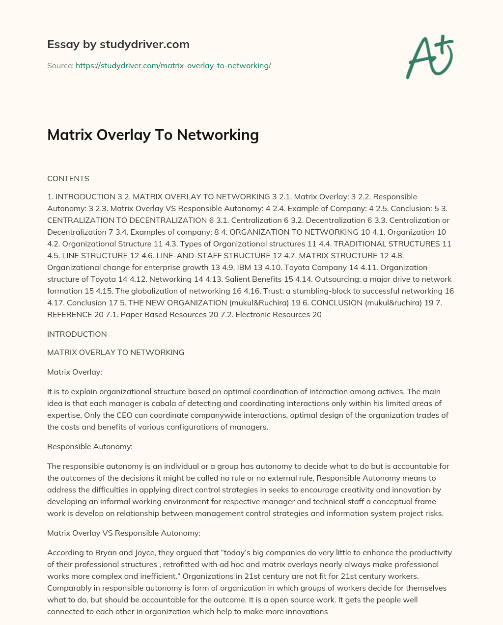 Matrix Overlay to Networking essay