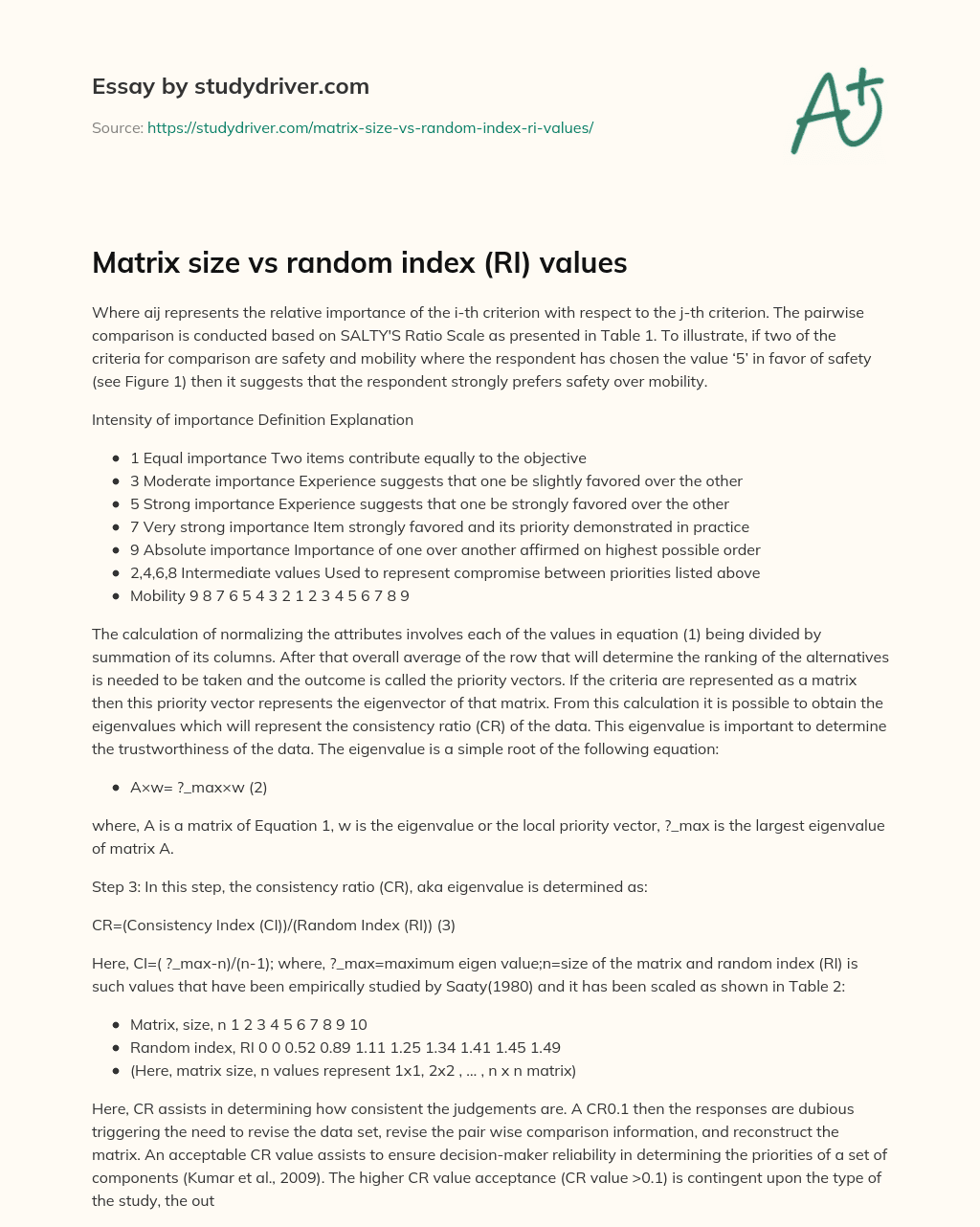 Matrix Size Vs Random Index (RI) Values essay