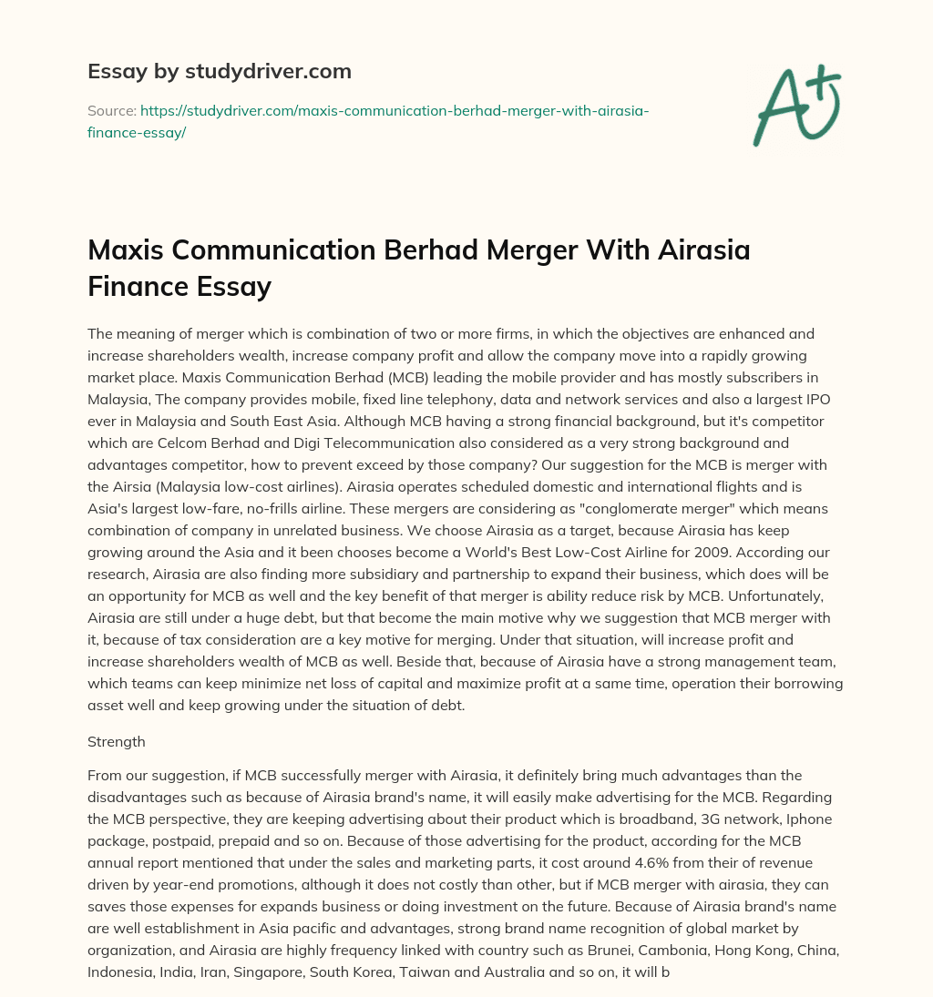 Maxis Communication Berhad Merger with Airasia Finance Essay essay